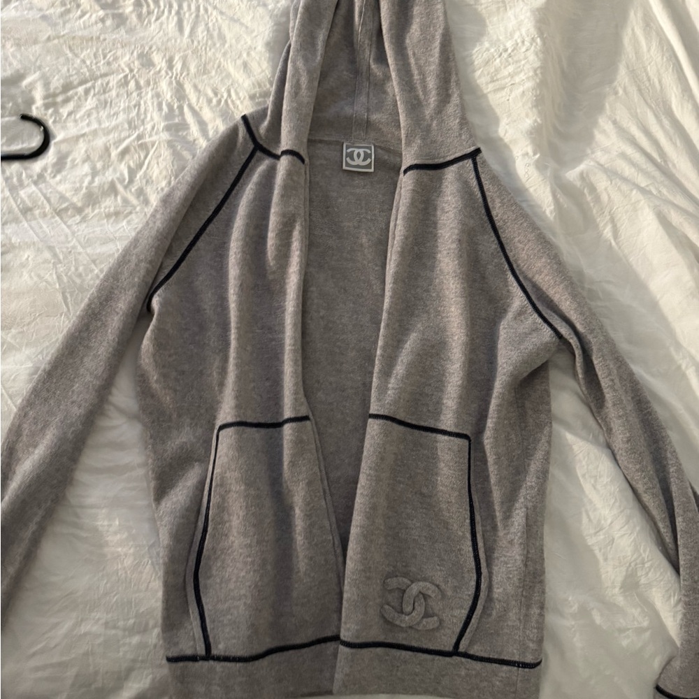 Chanel Gray Hooded Sweater with Logo authentic